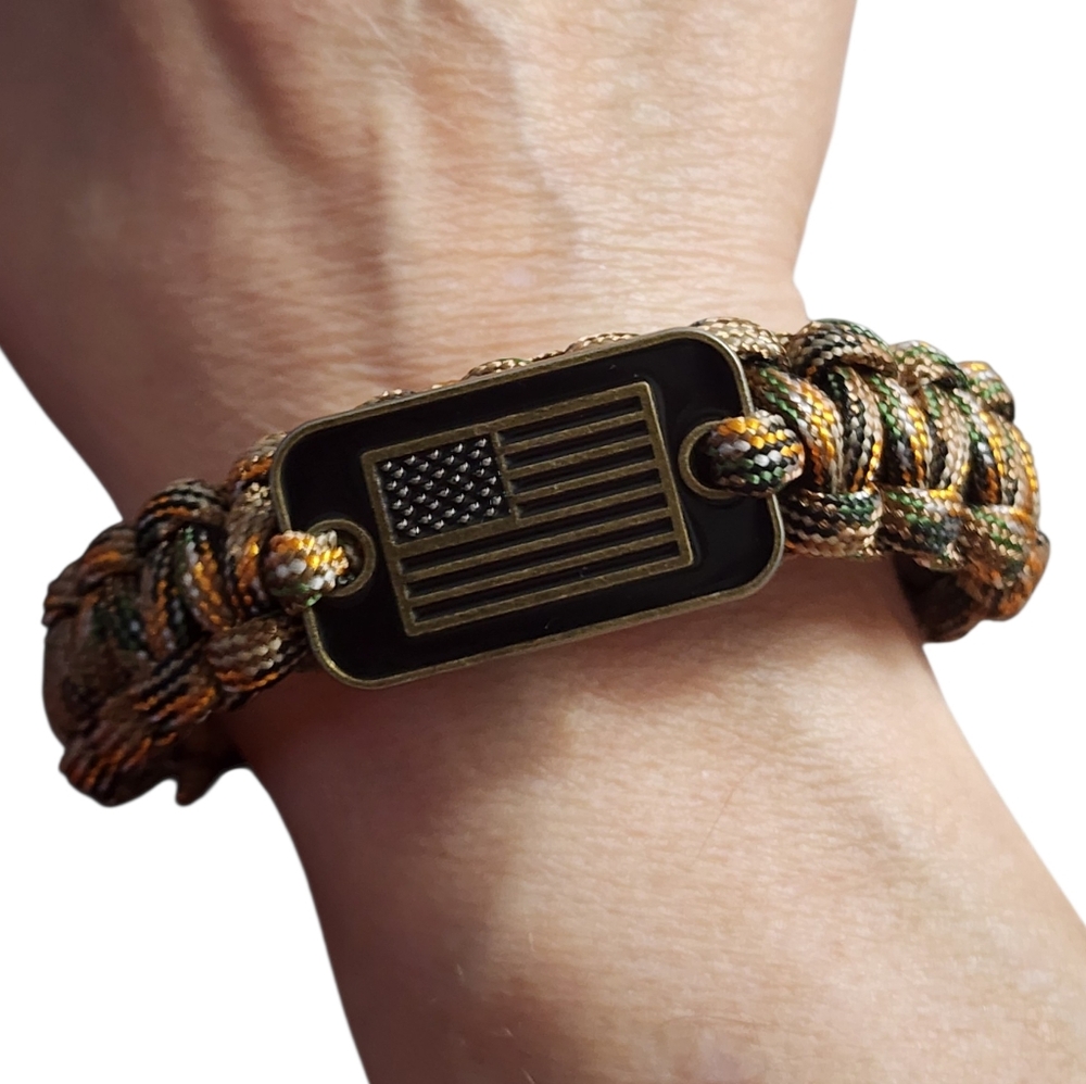 American Flag Camo Paracord Survival Bracelet Adjustable Brass Clasp